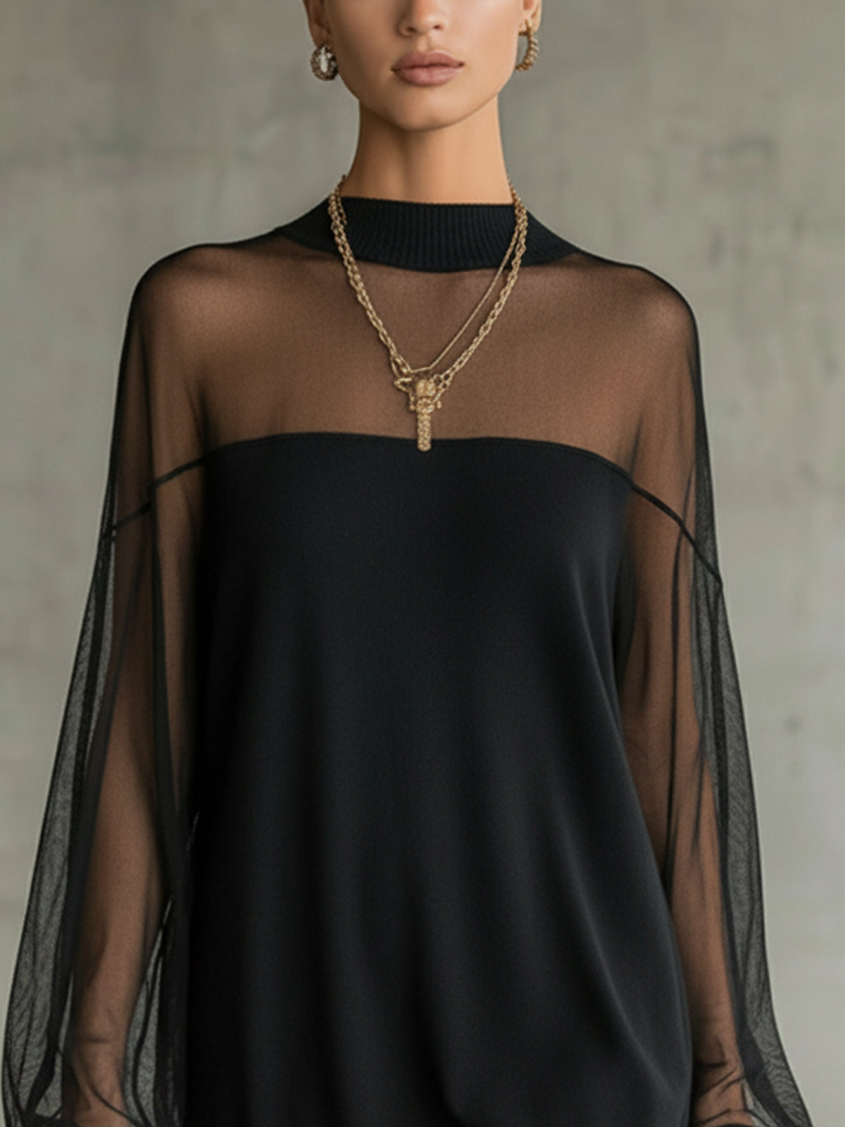 Black Mesh Mini Dress with Sheer Sleeves and High Neck — view 3