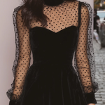 Black Velvet Mini Dress with Sheer Polka Dot Sleeves — view 3