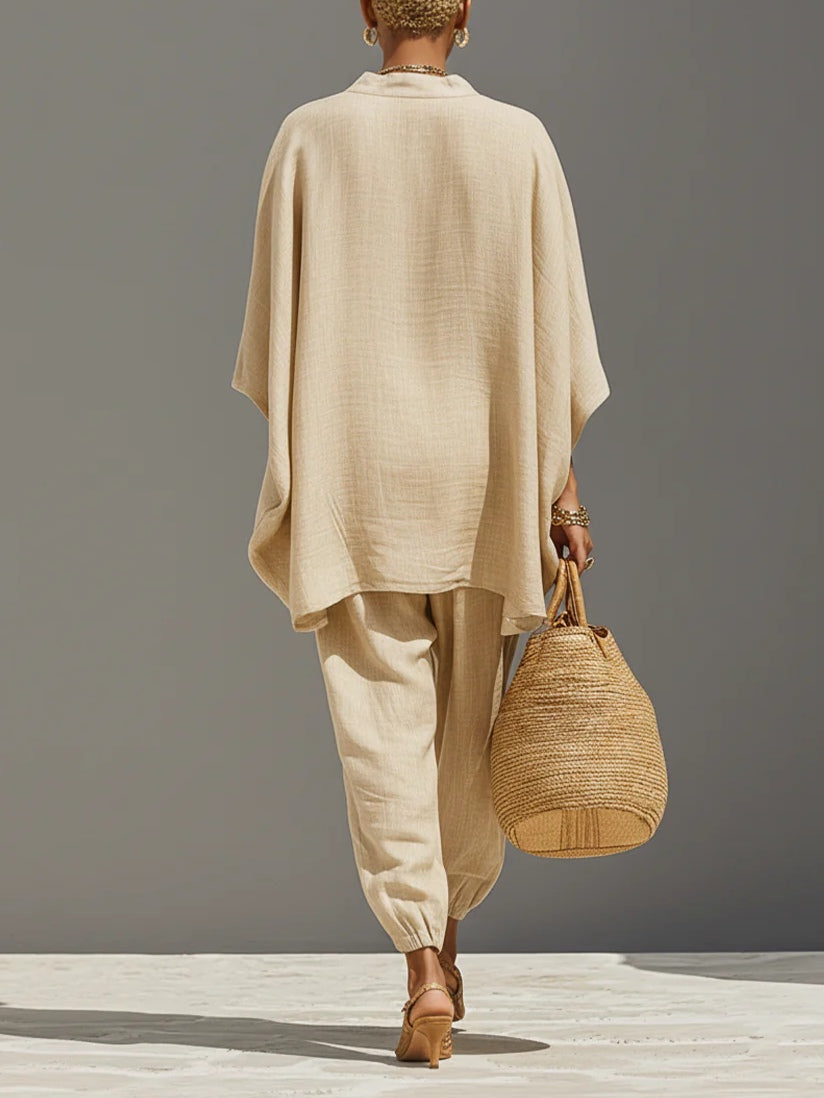 Caroline - Light Khaki Asymmetrical Minimalist Top and Jogger Pants Set — view 3
