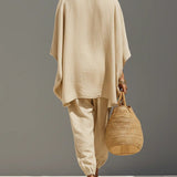 Caroline - Light Khaki Asymmetrical Minimalist Top and Jogger Pants Set — view 3