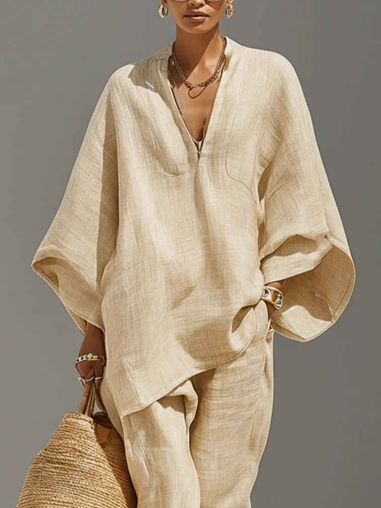 Caroline - Light Khaki Asymmetrical Minimalist Top and Jogger Pants Set — view 4