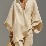 Caroline - Light Khaki Asymmetrical Minimalist Top and Jogger Pants Set — view 4