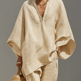 Caroline - Light Khaki Asymmetrical Minimalist Top and Jogger Pants Set — view 4