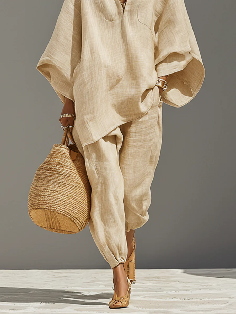 Caroline - Light Khaki Asymmetrical Minimalist Top and Jogger Pants Set — view 5