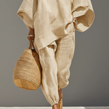 Caroline - Light Khaki Asymmetrical Minimalist Top and Jogger Pants Set — view 5