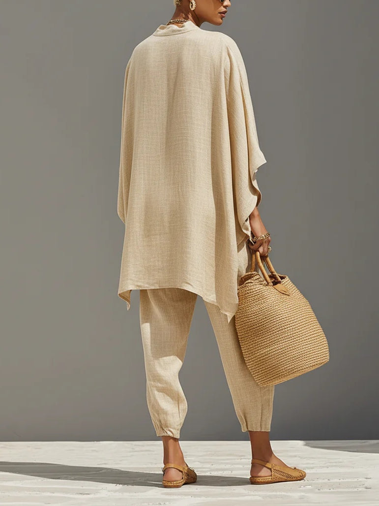 Caroline - Light Khaki Asymmetrical Minimalist Top and Jogger Pants Set — view 2