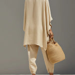 Caroline - Light Khaki Asymmetrical Minimalist Top and Jogger Pants Set — view 2