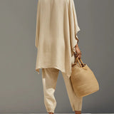 Caroline - Light Khaki Asymmetrical Minimalist Top and Jogger Pants Set — view 2
