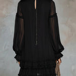 Black Chiffon Mini Dress with V-Neck and Lantern Sleeves — view 2