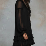 Black Chiffon Mini Dress with V-Neck and Lantern Sleeves — view 3