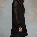 Black Chiffon Mini Dress with V-Neck and Lantern Sleeves — view 3