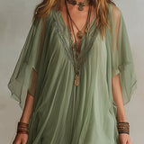 Green Chiffon Mini Dress with V-Neck