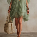 Green Chiffon Mini Dress with V-Neck