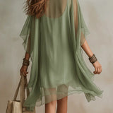 Green Chiffon Mini Dress with V-Neck