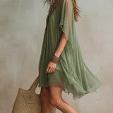 Green Chiffon Mini Dress with V-Neck