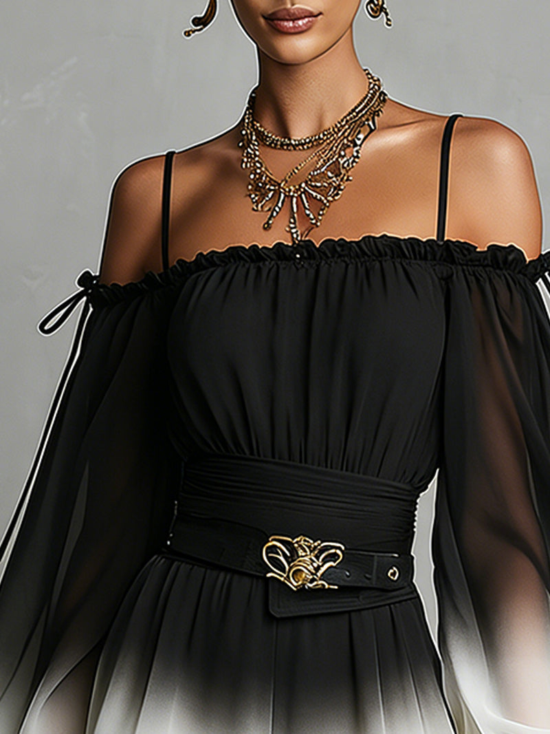 Chiffon Jumpsuit with Black and White Degrade Effect, Off-the-Shoulder Neckline and Belt — view 4