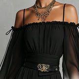 Chiffon Jumpsuit with Black and White Degrade Effect, Off-the-Shoulder Neckline and Belt — view 4