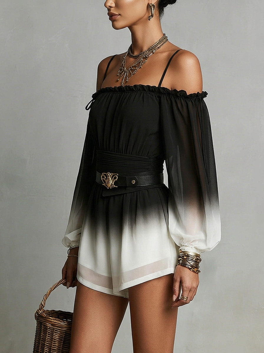 Chiffon Jumpsuit with Black and White Degrade Effect, Off-the-Shoulder Neckline and Belt