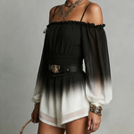 Chiffon Jumpsuit with Black and White Degrade Effect, Off-the-Shoulder Neckline and Belt