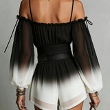 Chiffon Jumpsuit with Black and White Degrade Effect, Off-the-Shoulder Neckline and Belt — view 3