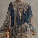 Navy Blue Chiffon Mini Dress with Baroque Pattern and High Collar — view 4