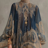 Navy Blue Chiffon Mini Dress with Baroque Pattern and High Collar — view 4