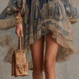 Navy Blue Chiffon Mini Dress with Baroque Pattern and High Collar — view 5