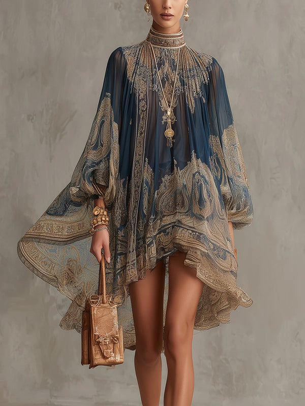 Navy Blue Chiffon Mini Dress with Baroque Pattern and High Collar