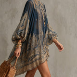 Navy Blue Chiffon Mini Dress with Baroque Pattern and High Collar — view 3