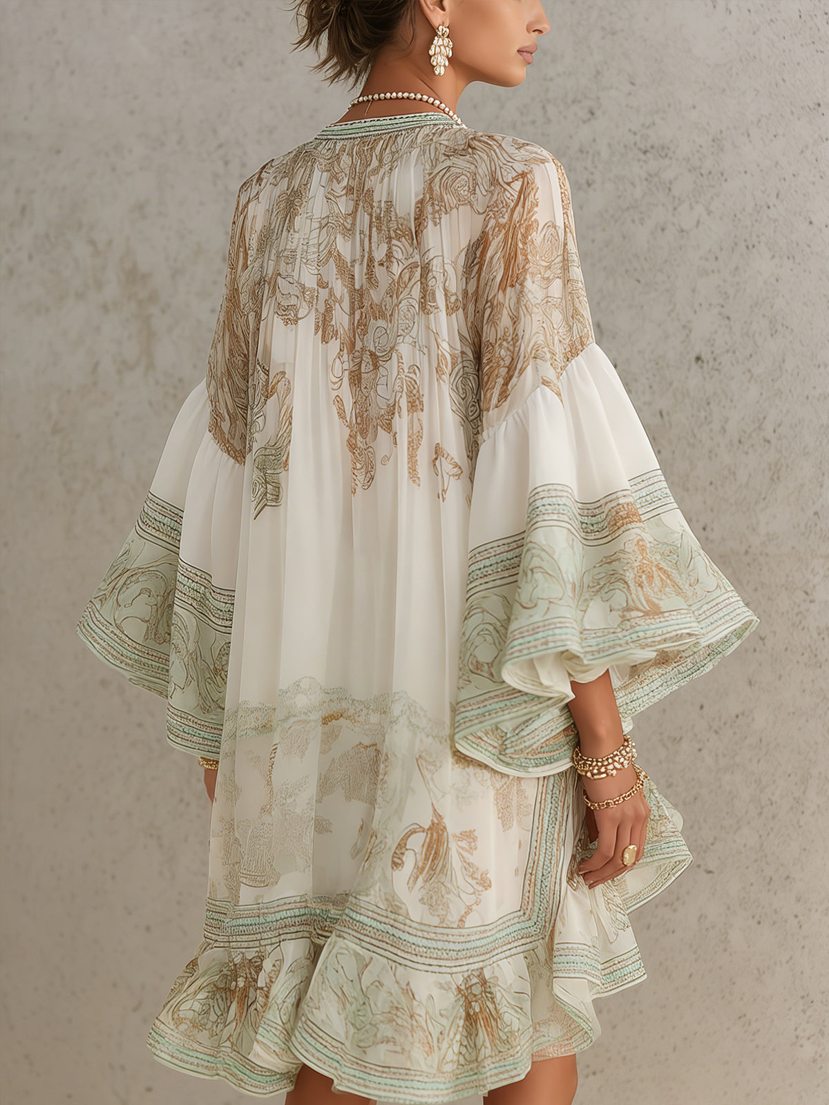 Green Chiffon Mini Dress with Butterfly Sleeves and Ruffles — view 2