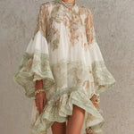 Green Chiffon Mini Dress with Butterfly Sleeves and Ruffles