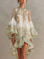 Green Chiffon Mini Dress with Butterfly Sleeves and Ruffles