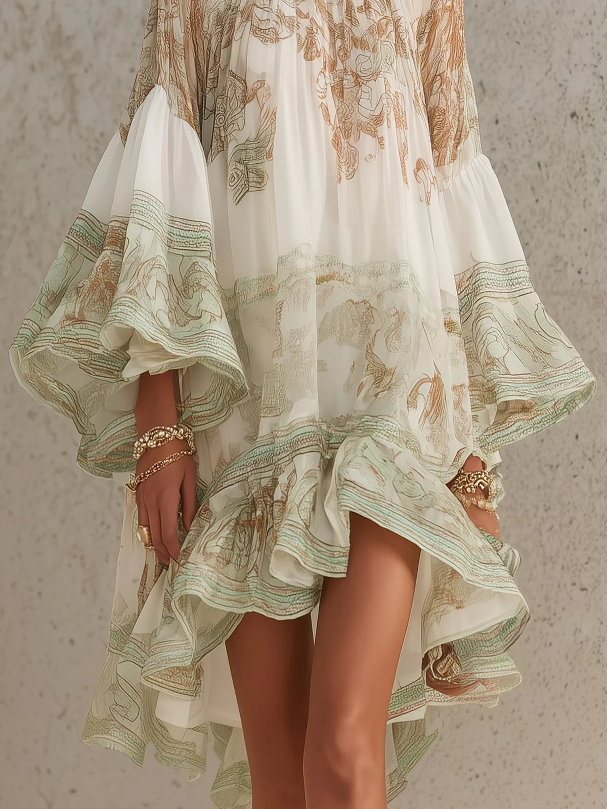 Green Chiffon Mini Dress with Butterfly Sleeves and Ruffles — view 5