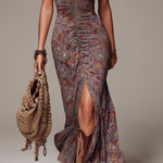 Roimata | Greyish-purple Pleated Floral Print Slit Maxi Dress — view 5
