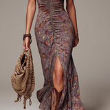 Roimata | Greyish-purple Pleated Floral Print Slit Maxi Dress — view 5