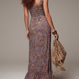 Roimata | Greyish-purple Pleated Floral Print Slit Maxi Dress — view 3