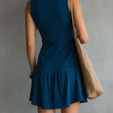 Indigo Sleeveless Mini Dress with V-Neck and Buttons — view 4