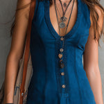 Indigo Sleeveless Mini Dress with V-Neck and Buttons — view 5