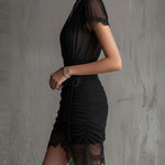 Black Chiffon Mini Dress with Pleated Waist and Lace — view 3