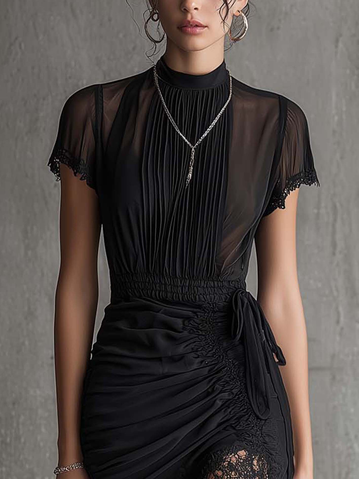 Black Chiffon Mini Dress with Pleated Waist and Lace — view 4