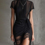 Black Chiffon Mini Dress with Pleated Waist and Lace