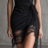 Black Chiffon Mini Dress with Pleated Waist and Lace — view 5
