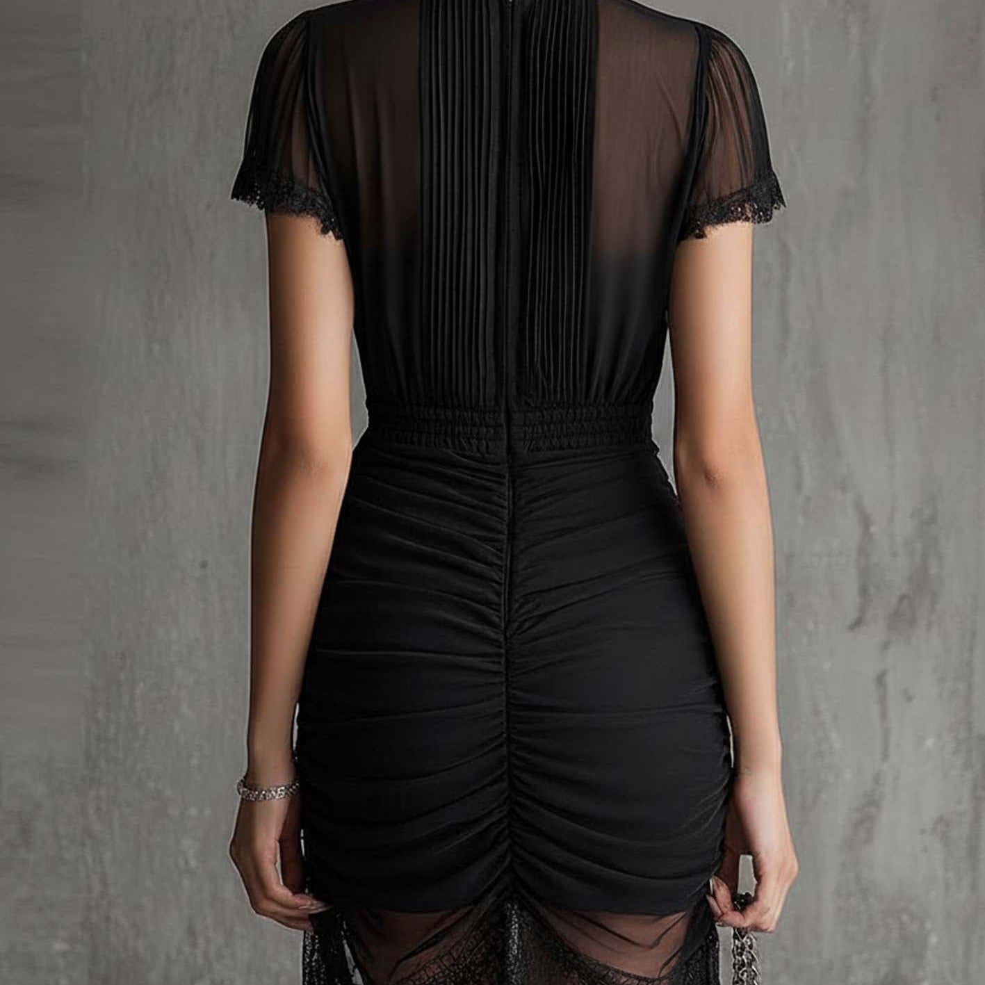 Black Chiffon Mini Dress with Pleated Waist and Lace — view 2