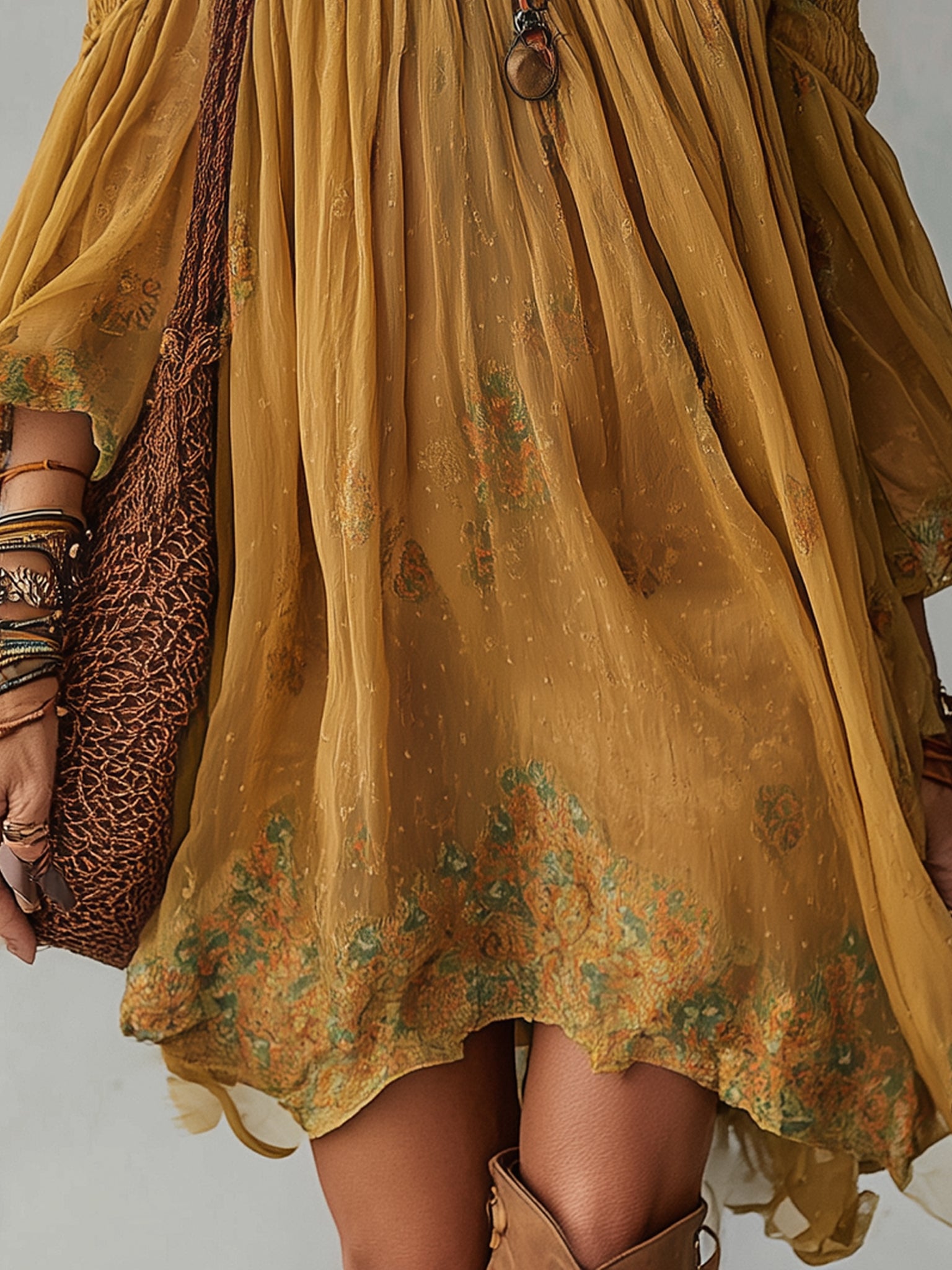 Yellow Floral Chiffon Mini Dress with Exposed Shoulders — view 3