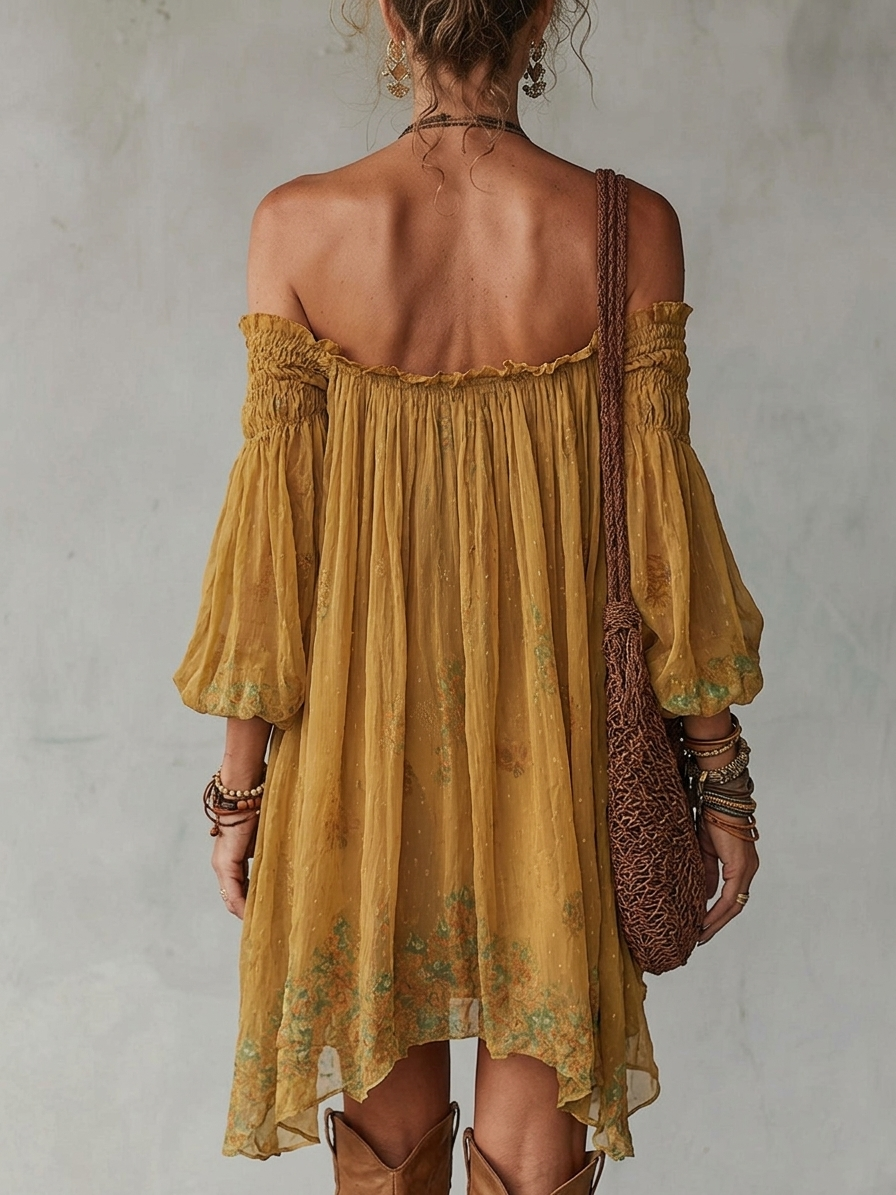 Yellow Floral Chiffon Mini Dress with Exposed Shoulders — view 2