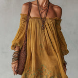 Yellow Floral Chiffon Mini Dress with Exposed Shoulders
