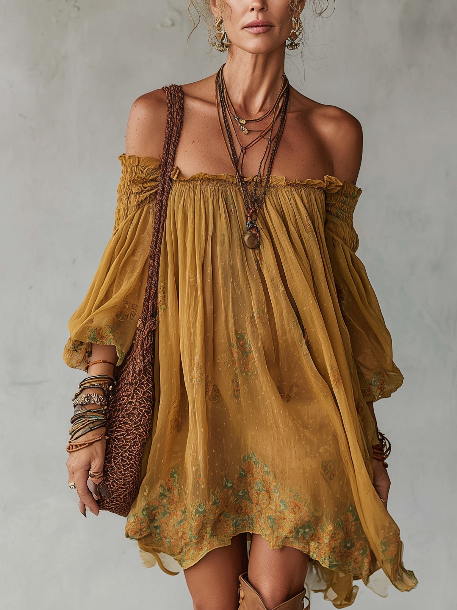 Yellow Floral Chiffon Mini Dress with Exposed Shoulders