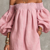 Pink Mini Dress in A-Line with Cut-Out Shoulders and Lantern Sleeves — view 7
