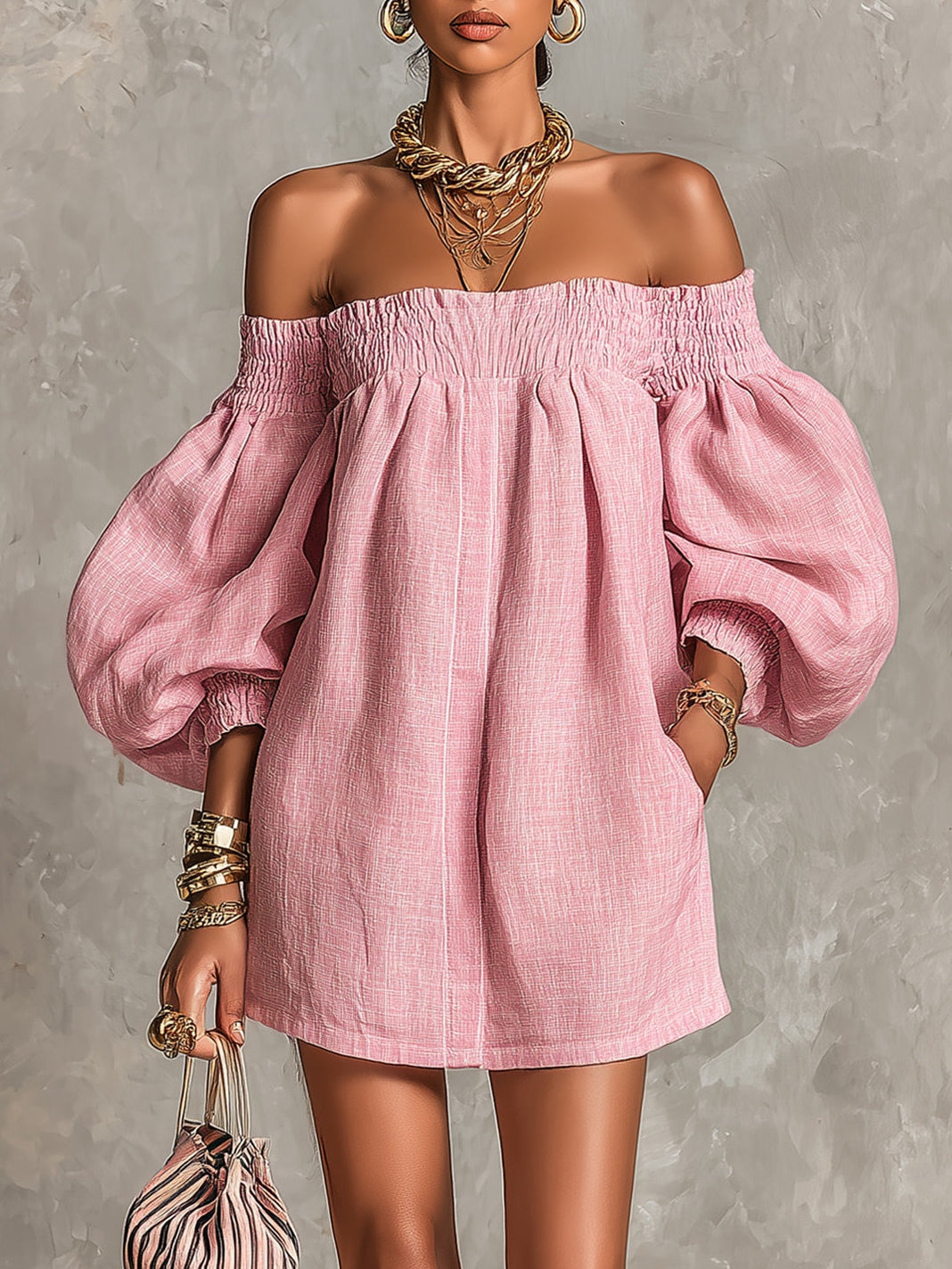 Pink Mini Dress in A-Line with Cut-Out Shoulders and Lantern Sleeves — view 3
