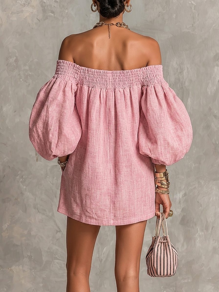Pink Mini Dress in A-Line with Cut-Out Shoulders and Lantern Sleeves